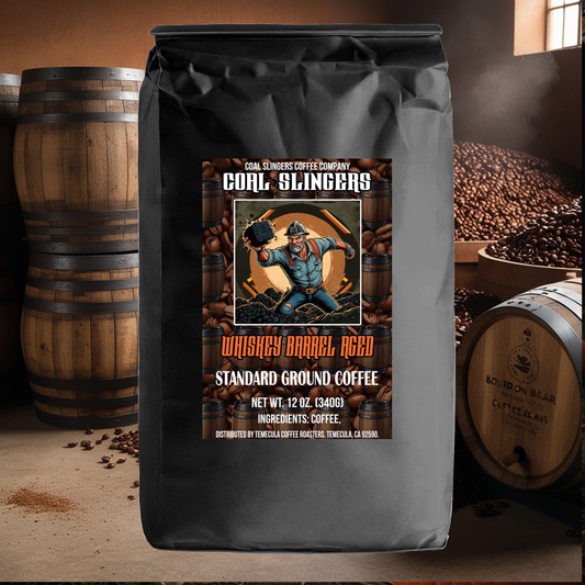 Coal Slingers Coffee - Whiskey Barrel Aged -Standard Ground Coffee 12 oz